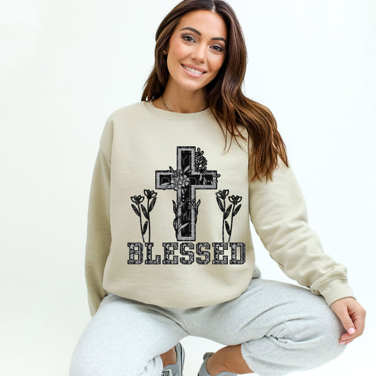 Blessed Cross with Flowers | Comfort Colors Tee or Gildan Crewneck Sweatshirt