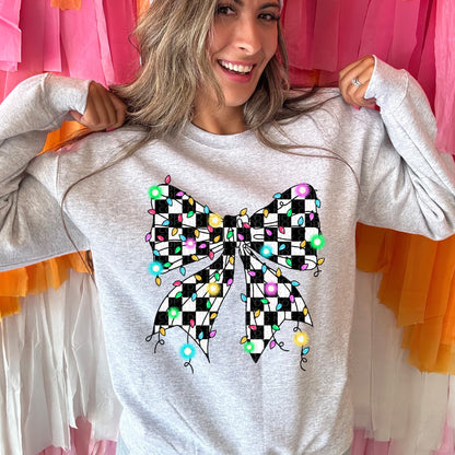 Checkered Christmas Light Bow | Comfort Colors Tee or Gildan Crewneck Sweatshirt