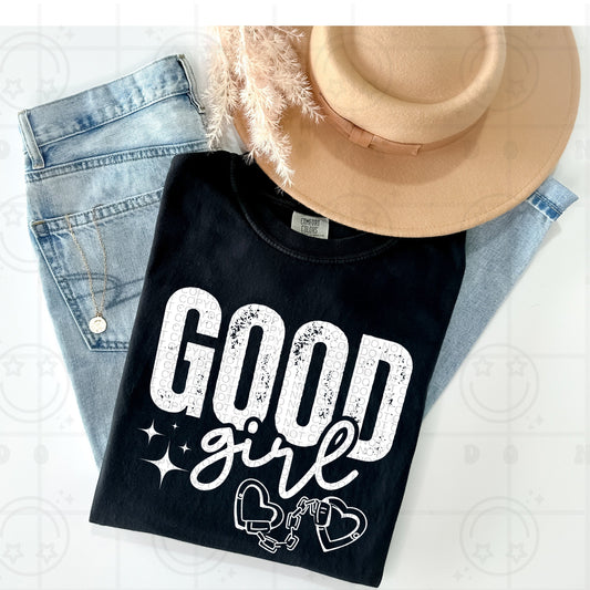 Good Girl Heart Handcuffs White Ink | Comfort Colors Tee or Gildan Crewneck Sweatshirt