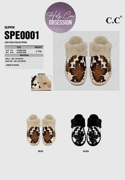 C.C. Cow Print Faux Fur Slipper