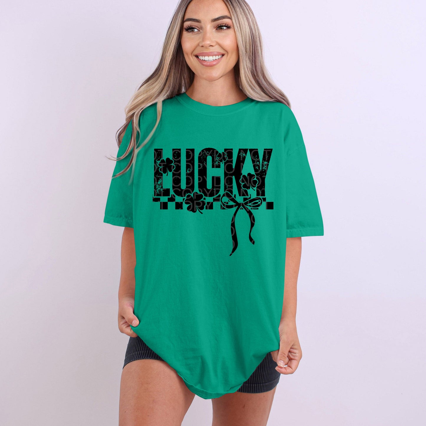 Lucky Checkered with Bow Black Ink | Comfort Colors Tee or Gildan Crewneck Sweatshirt