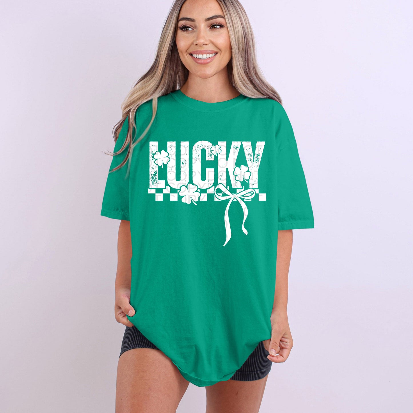 Lucky Checkered with Bow White Ink | Comfort Colors Tee or Gildan Crewneck Sweatshirt