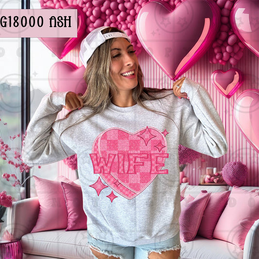 Pink Checkered Heart Wife | Comfort Colors Tee or Gildan Crewneck Sweatshirt